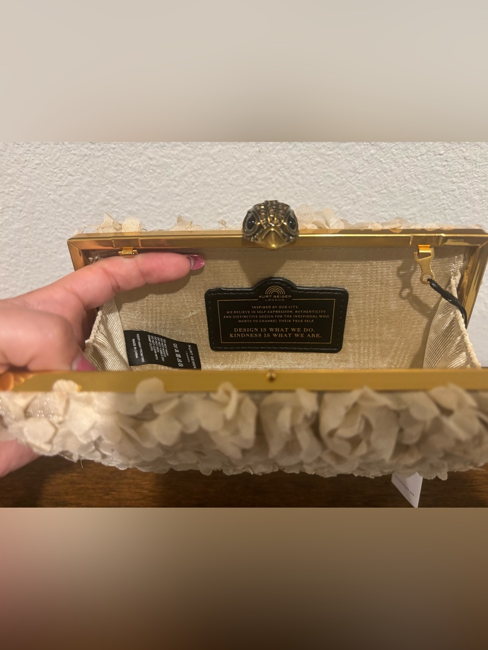 Kurt Geiger cream floral ruffle frame clutch - Picture 11 of 13